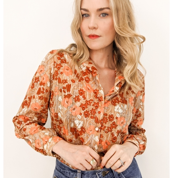 70s Floral Button Down Long Sleeve Blouse - Picture 13 of 17